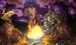 aman bear biceps blue_eyes captaingerbear cup dark_brown_skin dbrown_skin drinking fire glowing glowing_eyes group halo magic male monster muscles night nude pecs polearm pose red_eyes red_yes scales sitting staff standing tera toned tree weapon white_skin 