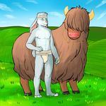  bison blue_eyes blue_fur blue_hair bovine brown_hair buffalo bulge cloud clouds feral fur genchi hair hooves lagomorph leash male mammal muscles nipples outside pecs rabbit sky smile teeth topless underwear white_fur 