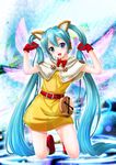  animal_ears aqua_eyes aqua_hair belt blush cat_ears fang gloves hatsune_miku kneeling long_hair nyanyanyanyanyanyanya!_(vocaloid) open_mouth project_diva_(series) project_diva_f qgakkuso skirt solo twintails very_long_hair vocaloid wings 