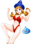  :d alena_(dq4) armpits bangs barefoot beads bikini black_eyes blush breasts casual_one-piece_swimsuit cleavage clenched_hands dragon_quest dragon_quest_iv feet groin hat highleg highleg_swimsuit jewelry large_breasts leg_lift long_hair looking_at_viewer navel navel_cutout necklace one-piece_swimsuit ooshima_towa open_mouth orange_hair raised_fist red_eyes red_swimsuit revealing_swimsuit_(dq) sideboob sidelocks simple_background slime_(dragon_quest) smile solo swimsuit white_background 