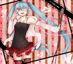  aqua_hair copyright_name detached_sleeves glasses hatsune_miku jewelry kocchi_muite_baby_(vocaloid) long_hair microphone microphone_stand natural_(module) necklace off_shoulder one_eye_closed open_mouth outstretched_arm project_diva_(series) project_diva_2nd red_eyes shinkusora solo striped striped_legwear thighhighs twintails very_long_hair vocaloid 