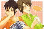  blush book brown_eyes brown_hair cup eringi_oishii koizumi_itsuki kyon male_focus multiple_boys suzumiya_haruhi_no_yuuutsu sweat 