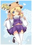  :p ;p blonde_hair blue_eyes blush flower hair_ribbon hat heart highres kinoeda loafers midriff moriya_suwako one_eye_closed ribbon shoes short_hair skirt solo speech_bubble thighhighs tongue tongue_out touhou underwear v white_legwear wide-eyed wide_sleeves 