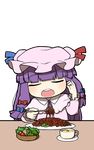  bangs blunt_bangs bow bowl capelet chibi cup eating food fork hair_bow hat long_hair long_sleeves mug open_mouth pasta patchouli_knowledge plate purple_hair salad solo spaghetti touhou transparent_background ume_(noraneko) 