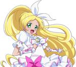  :d blonde_hair blush bow braid brooch cure_rhythm earrings green_eyes hair_ribbon happy jewelry long_hair magical_girl minamino_kanade open_mouth precure puffy_sleeves ribbon sinko_(sinsin) skirt smile solo suite_precure white_background wrist_cuffs 