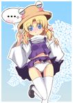  1girl =_= blonde_hair blue_eyes blush blush_stickers cameltoe embarrassed flower hair_ribbon hat highres kinoeda loafers midriff moriya_suwako panties pantyshot pyonta ribbon shoes short_hair skirt solo spoken_blush thighhighs touhou underwear upskirt white_legwear white_panties wide-eyed wide_sleeves 