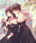  arch bad_id bad_pixiv_id belt black_hair blurry bug butterfly capelet couple depth_of_field fence fukahire_(ruinon) highres insect long_hair looking_back multiple_girls original parted_lips profile purple_eyes ribbon school_uniform short_hair tree untying very_long_hair yuri 