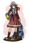  autumn-north bag blue_eyes boots brown_hair character_request copyright_request cross-laced_footwear dress hat lace-up_boots long_hair scarf signature 