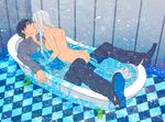  1girl bad_id bad_pixiv_id bath bathtub black_hair breasts claw_foot_bathtub clothed_male_nude_female couple covered_nipples emiya_kiritsugu fate/zero fate_(series) girl_on_top hands_on_another's_chest husband_and_wife irisviel_von_einzbern kiss long_hair medium_breasts naka_(sm6130) nude white_hair 