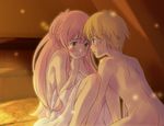  1girl bed blonde_hair blush breasts green_eyes jinrui_wa_suitai_shimashita joshu-san medium_breasts messy_hair nude pink_hair sideboob sweat tears watashi_(jintai) yayoi7 