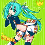  aqua_hair argyle bandaid bandaid_on_leg green_eyes hair_ribbon hatsune_miku hekopon long_hair midriff open_mouth ribbon skirt solo striped striped_background thighhighs twintails vocaloid 