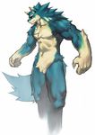 anthro biceps bieps black_nose blue_fur canine chest_tuft fur male mammal muscles nude pecs plain_background pose red_eyes sheath sleez solo standing tuft white_background white_fur wolf yellow_eyes 