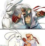  angry bandanna belt biceps blush brown_fur clenched_fist clothing eye_patch eyewear fight fur gloves grin lagomorph male mammal monkey muscles open_mouth open_shirt pants pecs primate punch rabbit scar shirt shout sleez smile teeth tongue topless white_fur 