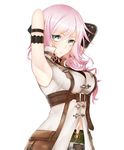  apt armpits arms_behind_head arms_up bad_id bad_pixiv_id belt belt_buckle breasts buckle closed_mouth final_fantasy final_fantasy_xiii green_eyes highres lightning_farron looking_at_viewer medium_breasts navel pink_hair simple_background sleeveless solo standing sweatdrop white_background 