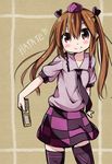  bad_id bad_pixiv_id bangs blush brown_hair cellphone character_name checkered checkered_skirt hat heart himekaidou_hatate long_hair looking_at_viewer miyako_hito necktie phone pink_eyes skirt smile solo thighhighs tokin_hat touhou twintails 