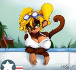  big_breasts blonde_hair breasts cleavage clothed clothing ear_piercing female green_eyes hair huge_breasts looking_at_viewer mammal monkey neocat neokat outside piercing primate smile ukiki 