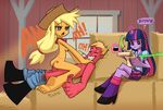  anthro anthrofied applejack_(mlp) balls big_macintosh_(mlp) blonde_hair breasts clothing cowboy_hat cowgirl cowgirl_position cutie_mark dialog english_text equine eyes_closed female flick-the-thief freckles friendship_is_magic gijinka gijinkafied green_eyes group hair hat hay horn horse incest magic male mammal my_little_pony on_top open_mouth panty_(pswg) panty_and_stocking_with_garterbelt penis pony sex smile stocking_(pswg) straddling straight text thumbs_up twilight_sparkle_(mlp) unicorn 