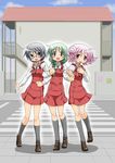  blue_hair blush braid glasses green_hair hidamari_sketch highres hiro locked_arms long_hair looking_at_viewer multiple_girls natsume_(hidamari_sketch) open_mouth pink_hair sae school_uniform short_hair skirt smile yoshitani_motoka 