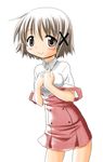  blush brown_eyes brown_hair hair_ornament hidamari_sketch highres school_uniform short_hair simple_background smile solo white_background x_hair_ornament yoshitani_motoka yuno 