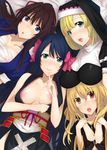  4girls blonde_hair blue_eyes blue_hair bontenmaru_(oda_nobuna_no_yabou) breast_rest breasts breasts_on_head brown_hair heterochromia luis_frois_(oda_nobuna_no_yabou) medium_breasts multiple_girls niwa_nagahide_(oda_nobuna_no_yabou) no_eyepatch nun oda_nobuna_no_yabou red_eyes shibata_katsuie_(oda_nobuna_no_yabou) yellow_eyes 