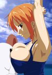  1girl armpits arms_up bare_shoulders breast_press breasts cleavage cloud going_merry highres huge_breasts kyabakurabakufu looking_at_viewer nami nami_(one_piece) no_bra one_piece orange_hair pirate red_eyes short_hair sky smile solo standing 