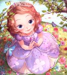  blue_eyes blurry blush brown_hair bug butterfly depth_of_field flower from_above grass hands_together insect jewelry looking_at_viewer necklace rojiko sofia_(disney) sofia_the_first solo tiara tree_branch water 