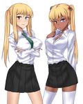  2girls blonde_hair blue_eyes blush breast_hold breasts brown_eyes cleavage dark_skin frown hair_bobbles hair_ornament heterochromia kogal large_breasts long_hair maru_(maruttona) multiple_girls necktie open_mouth original payot pointing school_uniform siblings sidelocks simple_background sisters skirt standing thighhighs thighs twins twintails white_background white_legwear zettai_ryouiki 