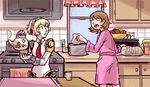  aegis_(persona) android banned_artist bathrobe blonde_hair bread brown_hair dani_grew fire food headphones kitchen multiple_girls mundane_utility necktie persona persona_3 robot_joints short_hair takeba_yukari teapot toast toaster 