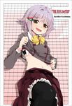  :d bow brown_eyes hair_ornament hairclip idolmaster idolmaster_cinderella_girls koshimizu_sachiko lying midriff navel open_mouth purple_hair rakkogawa_rinro school_uniform short_hair skirt smile solo thighhighs 