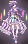  adapted_costume book boots breasts cleavage crescent crystal detached_collar full_body gloves gosledging hair_ribbon hat highres long_hair medium_breasts patchouli_knowledge purple_hair ribbon simple_background solo touhou 