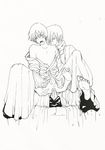  2boys anal ass ass_grab axis_powers_hetalia bare_shoulders biting blush highres japan_(hetalia) japanese_clothes kimono male male_focus monochrome multiple_boys multiple_penises open_mouth penis russia_(hetalia) sex short_hair sitting sitting_on_person spread_legs uniform yaoi 