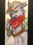  armor canine cestus cowboy fur gloves green_eyes male mammal purple purple_fur scar scarf seko sekotta solo unknown_artist wolf 