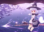  blush book boots broom broom_riding brown_eyes cloud comet dress flying hat highres knee_boots lantern original pointing short_hair sky solo white_hair witch witch_hat yuku_(kiollion) 
