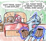  bags bed bedroom cheat crying english_text equine female feral friendship_is_magic horn horse humor magic mammal my_little_pony pony text trixie_(mlp) unicorn wheel zicygomar 