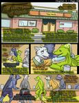  clothing comic dragon english_text food house klyneth lizard male mammal open_mouth outside reptile restaurant scalie story table text the_vore_house_of_klyneth unknown_artist wolf 