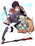  absurdres belt boots broom broom_riding dress glasses hair_over_one_eye hat highres kagari_atsuko little_witch_academia long_hair lotte_jansson multiple_girls open_mouth orange_hair purple_hair short_hair skirt skirt_lift smile solo_focus sucy_manbavaran tansuke wand witch witch_hat 