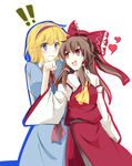  2girls alice_margatroid arms_behind_back blonde_hair blue_eyes blush brown_hair clenched_hand faech flirting hakurei_reimu heart highres long_hair md5_mismatch multiple_girls outline red_eyes short_hair simple_background touhou yuri 