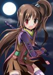  :o absurdres blush brown_eyes brown_hair bucchake_(asami) full_moon heterochromia highres japanese_clothes long_hair moon night onimusha onimusha:_dawn_of_dreams ready_to_draw red_eyes scabbard sheath side_ponytail skirt solo thighhighs yagyuu_juubei_(dawn_of_dreams) 