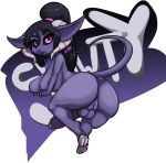  anus balls butt erection eyebrows herm hi_res imp intersex looking_at_viewer lucky open_mouth penis pink_eyes ponytail presenting purple_skin pussy solo succubus teeth 
