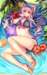  bikini blush bracelet breast_slip breasts cameltoe drink drinking_straw feet flower front-tie_top full_body hairband hibiscus high_heels highres idolmaster idolmaster_(classic) jewelry large_breasts long_hair lying mouth_hold navel nipples on_back one_breast_out purple_eyes sandals shijou_takane shiny shiny_skin shoes side-tie_bikini silver_hair smile solo st.microscope strappy_heels swimsuit 
