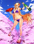  armpits bikini blonde_hair bottle breasts chain cuffs cup geta grin highres horn hoshiguma_yuugi large_breasts long_hair navel ogami red_eyes sakazuki sake_bottle shackles shiny shiny_skin side-tie_bikini smile solo swimsuit touhou underboob very_long_hair wide_hips 