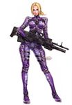  absurdres assault_rifle blonde_hair bodysuit breasts contrapposto gloves grenade_launcher gun highres logo long_hair medium_breasts nina_williams official_art ponytail purple_bodysuit rifle solo standing tekken tekken_tag_tournament_2 trigger_discipline underbarrel_grenade_launcher watermark weapon yamashita_shun'ya 