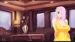  artist_name blue_eyes breasts choker couch doxy dress elbow_gloves fluttershy gloves hair_over_one_eye huge_breasts indoors lamp letterboxed my_little_pony my_little_pony_friendship_is_magic personification pink_hair room signature sleeveless sleeveless_dress solo vase window yellow_dress 