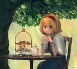  alice_margatroid bad_id bad_pixiv_id blonde_hair blue_dress blue_eyes capelet chair cookie cup doll dress food hair_ribbon hairband jewelry long_hair looking_at_viewer open_mouth ribbon ring shanghai_doll short_hair short_sleeves sitting smile solo table teacup teapot tiered_tray touhou tree wrist_cuffs you_shimizu 