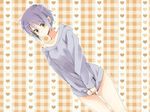  blush bottomless clothes_tug collarbone covering covering_crotch heart holding long_hair long_sleeves looking_at_viewer nagato_yuki naked_sweater no_panties no_pants pullover purple_hair rei_(rsoujou) short_hair solo standing suzumiya_haruhi_no_yuuutsu sweater sweater_tug thigh_gap thighs v_arms 