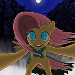  cutie_mark dress equine female feral fluttershy_(mlp) friendship_is_magic fur green_eyes grotar00 hair horse long_hair looking_at_viewer mammal moon my_little_pony night open_mouth outside parody pegasus pink_hair pony scratch smile solo tongue torn_clothing touhou tree wings yandere yellow_fur 