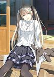  aqua_eyes arm_support cross dress hair_ribbon kashinogi kasugano_sora long_hair long_sleeves looking_at_viewer pantyhose ribbon silver_hair sitting solo stuffed_animal stuffed_bunny stuffed_toy thighs twintails veranda yosuga_no_sora 