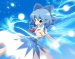  blue_eyes blue_hair bow cirno danmaku hair_bow looking_at_viewer massala pointing pointing_at_viewer short_hair smile solo touhou wings 