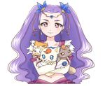  circlet coco_(yes!_precure_5) creature gloves long_hair magical_girl midriff milk_(yes!_precure_5) milky_rose mimino_kurumi mobuko_(akita_komachi) navel nuts_(yes!_precure_5) pink_eyes precure purple_hair smile syrup_(yes!_precure_5) white_background yes!_precure_5 yes!_precure_5_gogo! 
