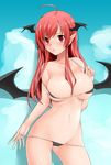  :&lt; ahoge bat_wings bikini black_bikini blush breasts cleavage cowboy_shot demon_wings groin hands head_wings highres koakuma large_breasts long_hair looking_at_viewer micro_bikini miki_purasu multiple_wings navel pointy_ears red_eyes red_hair shiny shiny_skin skindentation solo strap_pull swimsuit touhou wet wings 